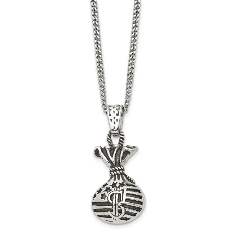 Engraved Necklace for Personal Touch-Stainless Steel Antiqued Money Bag Necklace, 22 Inch