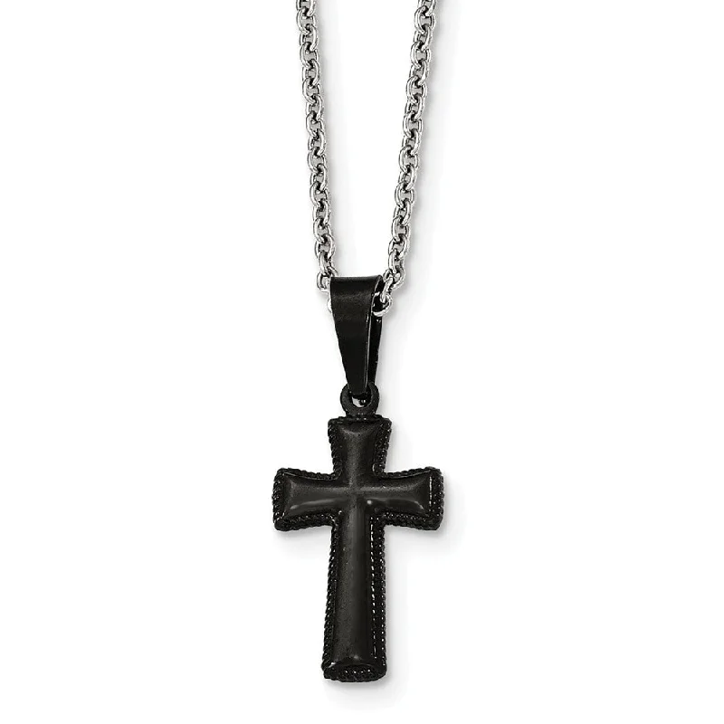 Layered Chain Necklace for Fashionistas-Small Black Plated Pillow Cross Necklace in Stainless Steel, 16 Inch