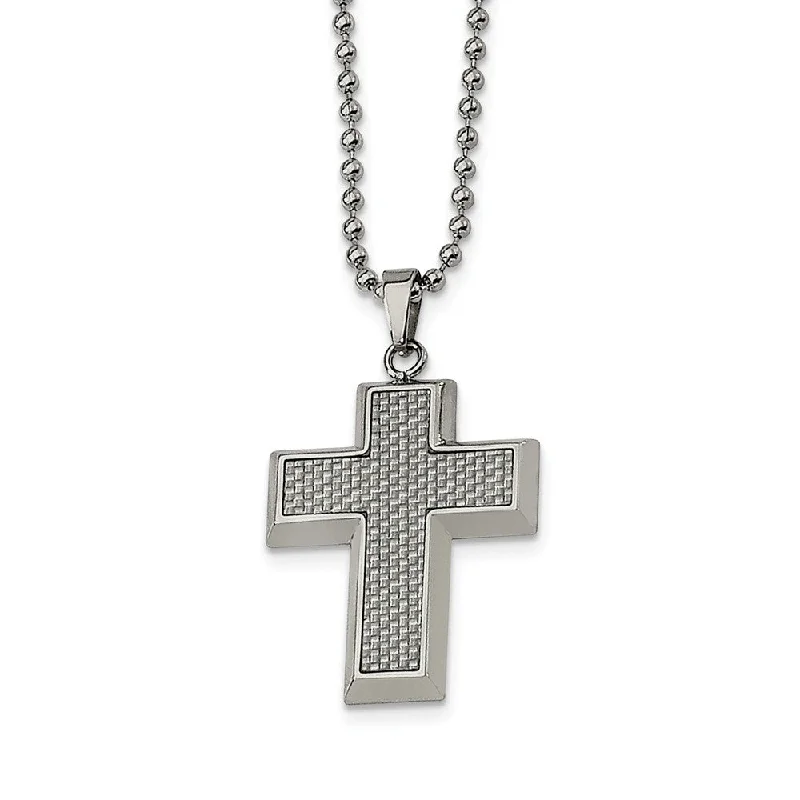 Silver Necklace with Large Pendant-Stainless Steel and Carbon Fiber Cross and Beaded Chain Necklace