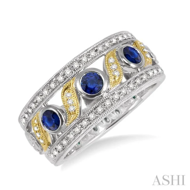 Stackable Silver Rings for Fashion-3x3MM Round Cut Sapphire and 1/6 Ctw Round Cut Diamond Fashion Ring in 14K White and Yellow Gold