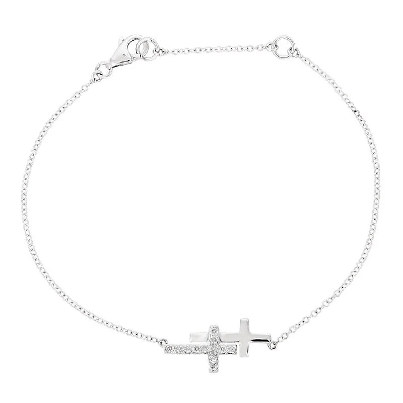 Adjustable Silver Necklace for Comfort-Diamond Double Sideways Cross Necklace in 14k White Gold, 18 Inch