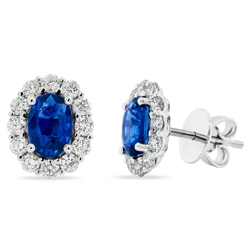 Luxury Gold Earrings for Anniversary-Uneek Precious Collection Halo Oval Shaped Blue Sapphire Stud Earrings