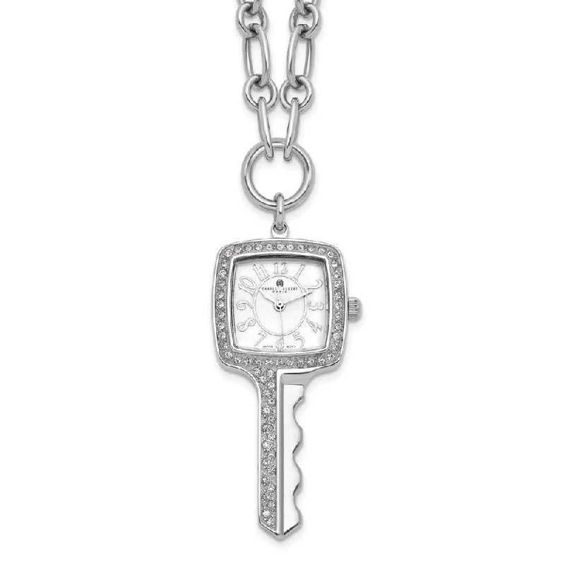 Customizable Charm Necklace-Ladies, Stainless Steel, Square Key White Dial Pendant Watch Necklace