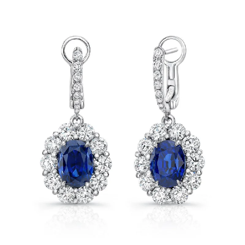 Unique Stud Earrings for Casual Outfits-Uneek Oval Blue Sapphire Dangle Earrings with Scallop-Illusion Diamond Halos