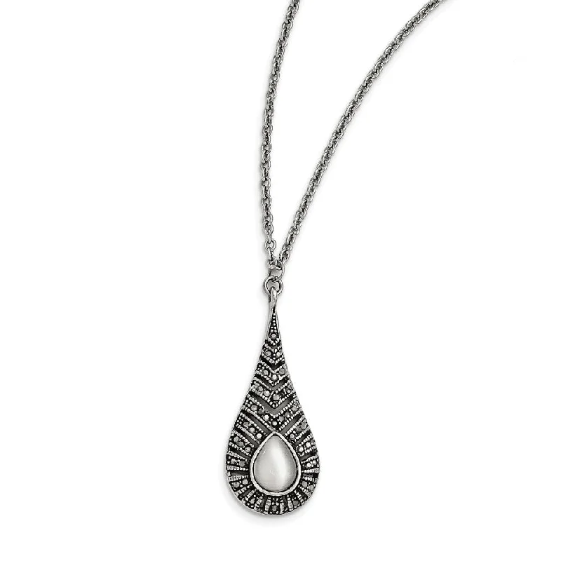 Large Crystal Necklace for Evening Wear-Marcasite & Cat's Eye Teardrop Necklace in Antiqued Stainless Steel