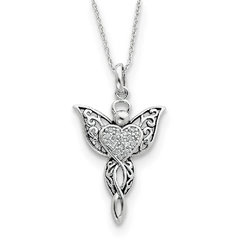 Gemstone Necklace for Summer Events-Rhodium Plated Sterling Silver & CZ Angel of Blessing Necklace, 18in