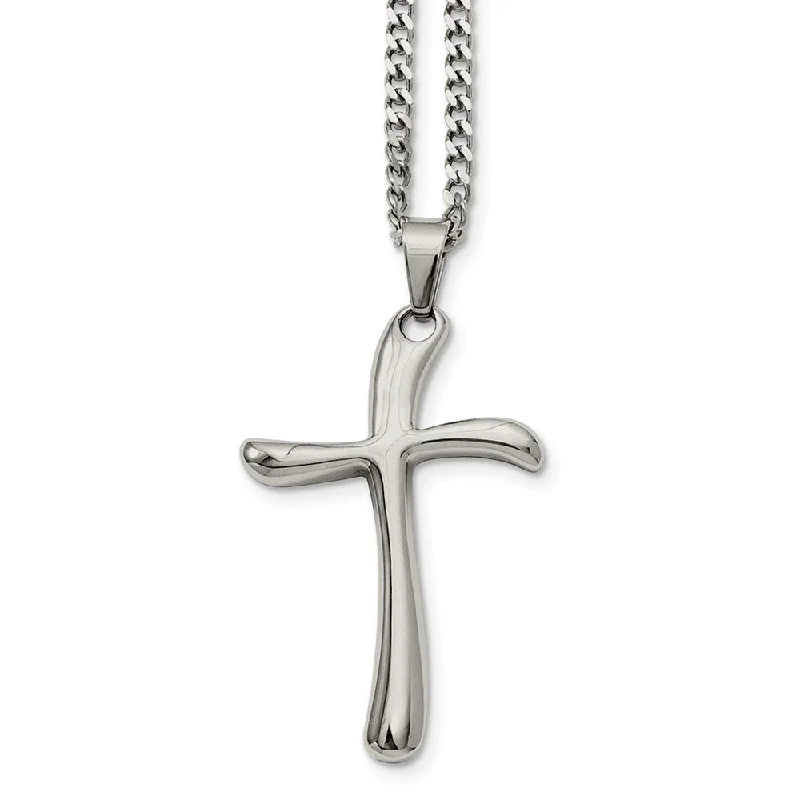 Customizable Charm Necklace-Stainless Steel Polished Curved Cross Necklace - 22 Inch