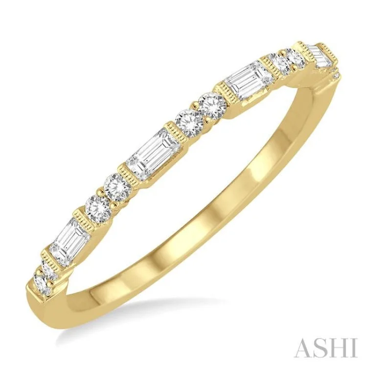 Custom Engraved Ring for Couples-1/3 ctw Baguette and Round Cut Diamond Wedding Band in 14K Yellow Gold