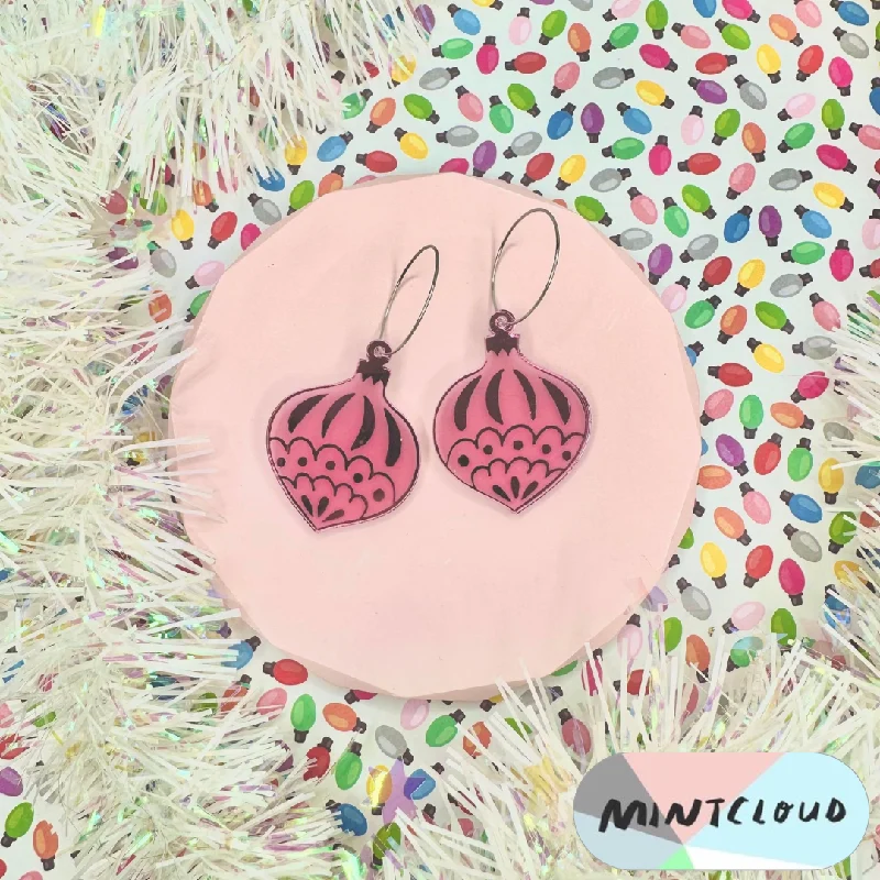 Sterling Silver Earrings-Mintcloud Christmas Earrings - Traditional Bauble Pink Mirror