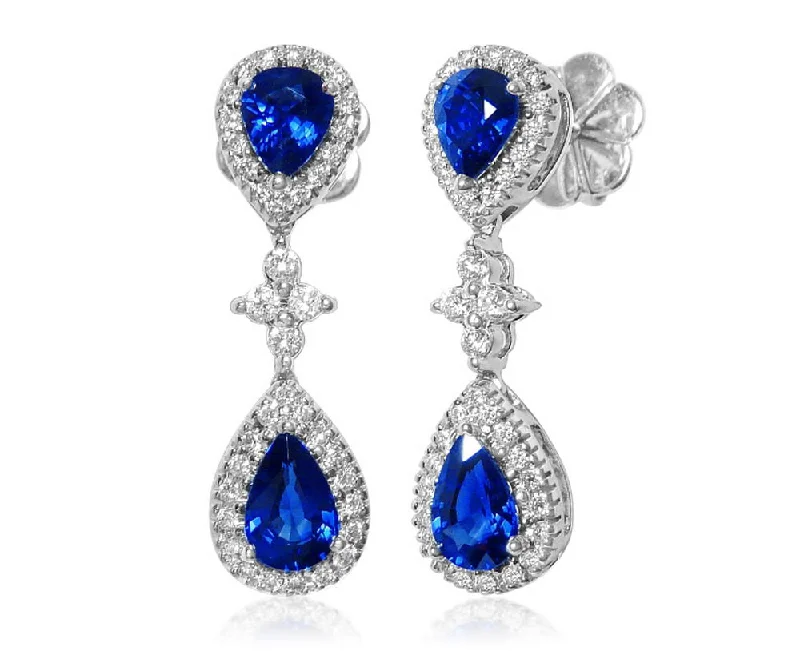 Gemstone Earrings for Luxury Look-Uneek Royalty-Inspired Blue Sapphire Double Teardrop Dangle Earrings with Pave Diamond Halos and Flower-Shaped Diamond Cluster Accents