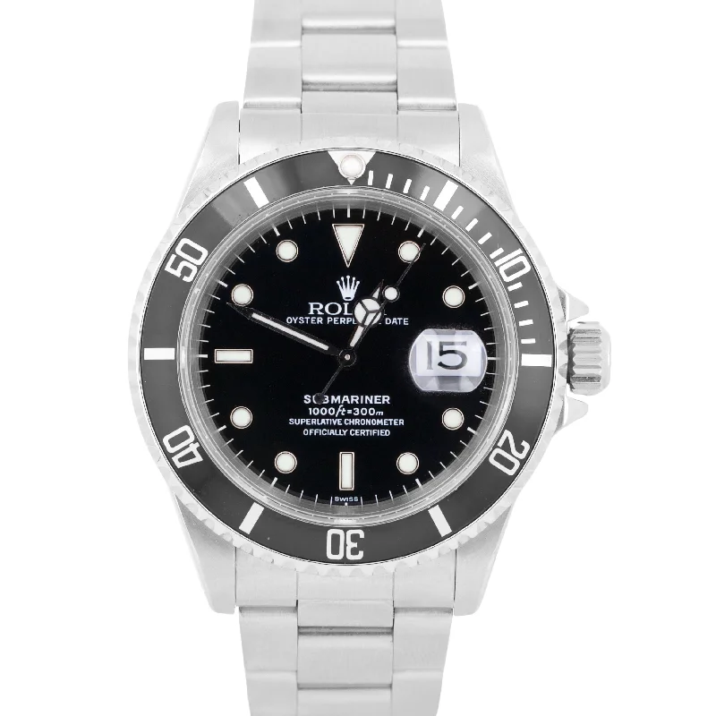 Men's Watches with Date Function-PAPERS Rolex Submariner Date 40mm Black SWISS ONLY Steel Oyster 16610 Watch BOX