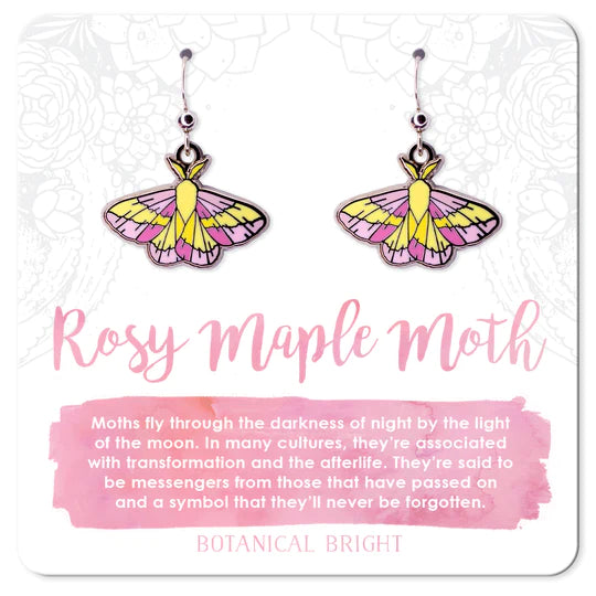 Artistic Drop Earrings for Fashion Lovers-Botanical Bright Dangle Earrings - Rosy Maple Moth Silver