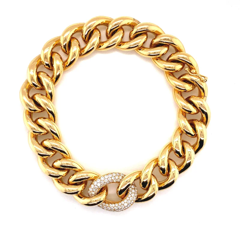 Elegant Silver Bracelet for Evening Wear-18K Yellow Gold Diamond Link & Large Curb Link Bracelet