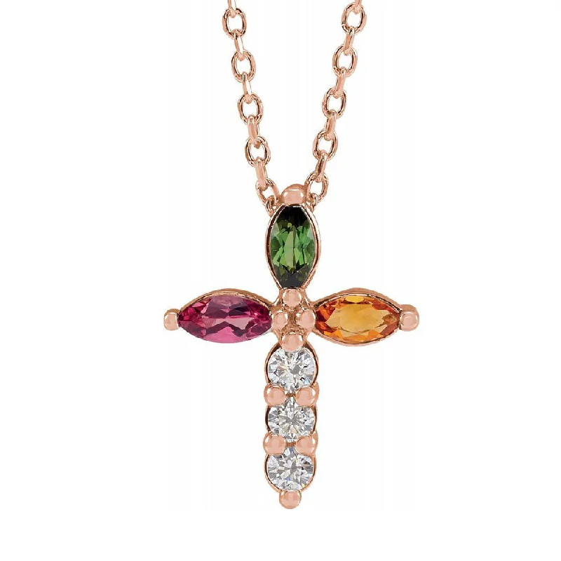 Chunky Necklace for Bold Style-14K Gold Multi-Gemstone & 1/10 CTW Diamond Cross Necklace, 16-18 Inch