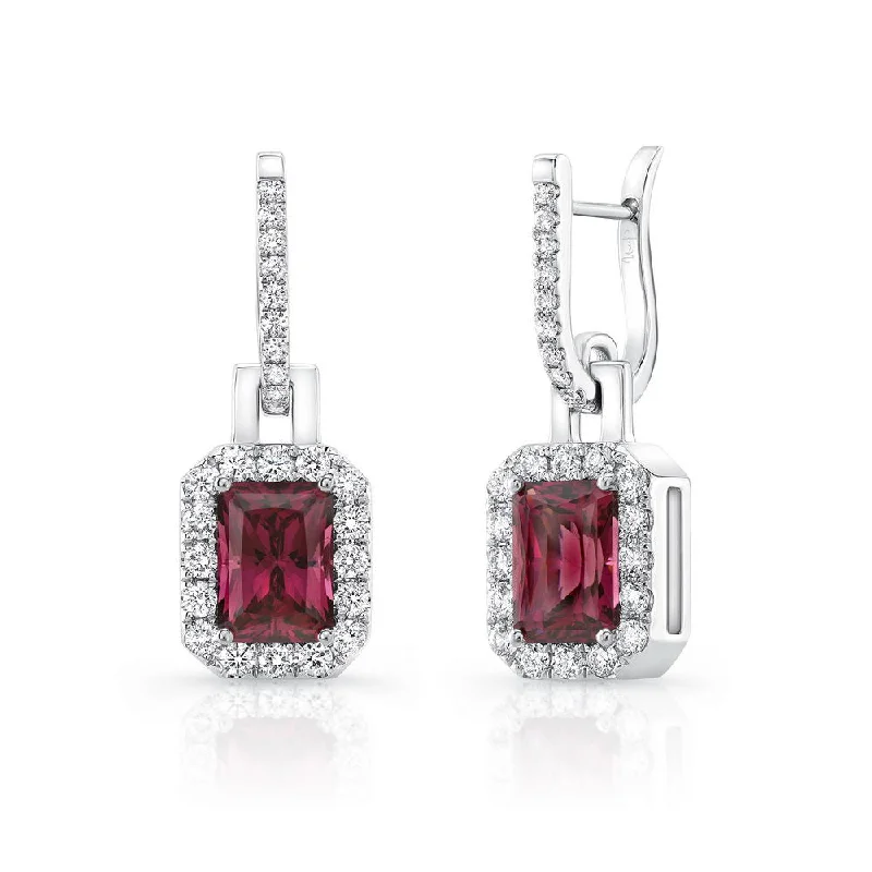 Custom Earrings for Personalized Style-Uneek Precious Collection Halo Emerald Cut Rhodolite Dangle Earrings