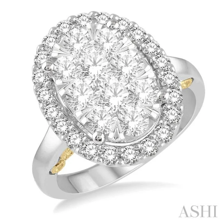 Unique Gemstone Ring-2 Ctw Oval Shape Lovebright Diamond Cluster Ring in 14K White and Yellow Gold