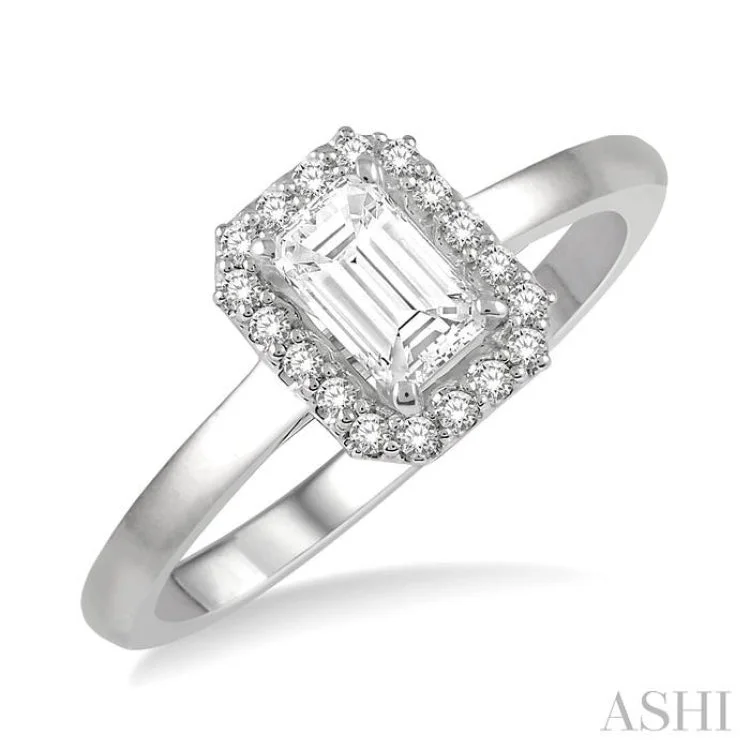 Personalized Ring with Custom Engraving-1/3 Ctw Round Cut Diamond Engagement Ring With 1/4 ct Emerald Cut Center Stone in 14K White Gold