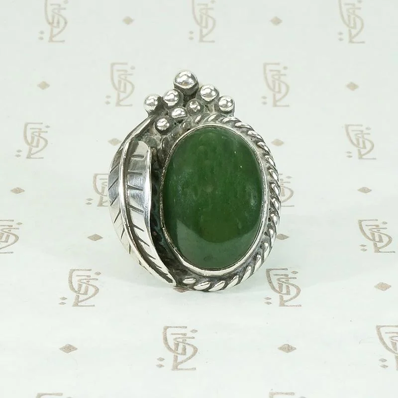 Gold Engagement Ring-Mossy Green Jade & Sterling Silver Ring