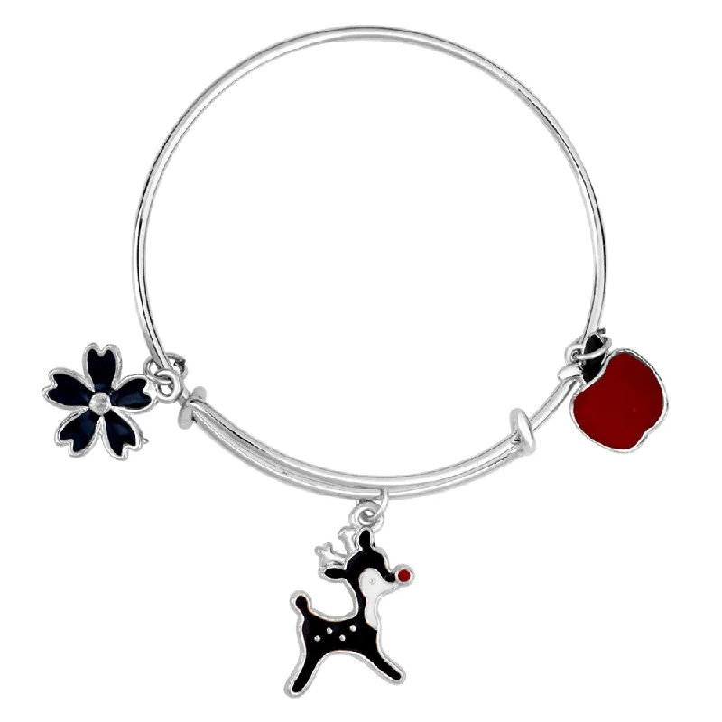 Silver Bangles with Engraving for Personal Touch-Mahi Rhodium Plated Dog Floral & Apple Shaped Enamel Work Charms Kids Bracelets for Girls (BRK1100996R)