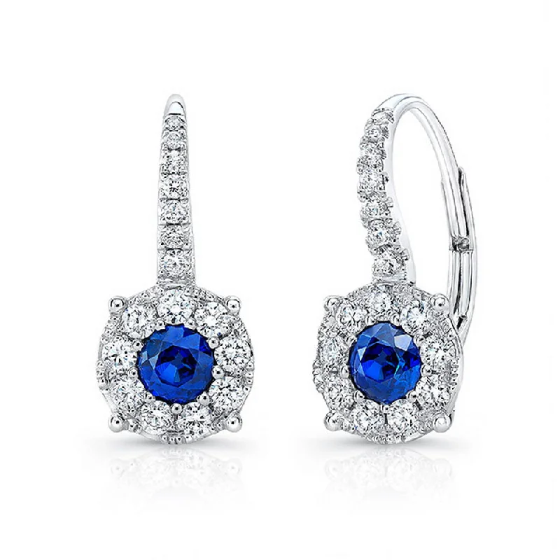 Simple Drop Earrings for Casual Outfits-Uneek Round Blue Sapphire Leverback Earrings with Diamond Halos