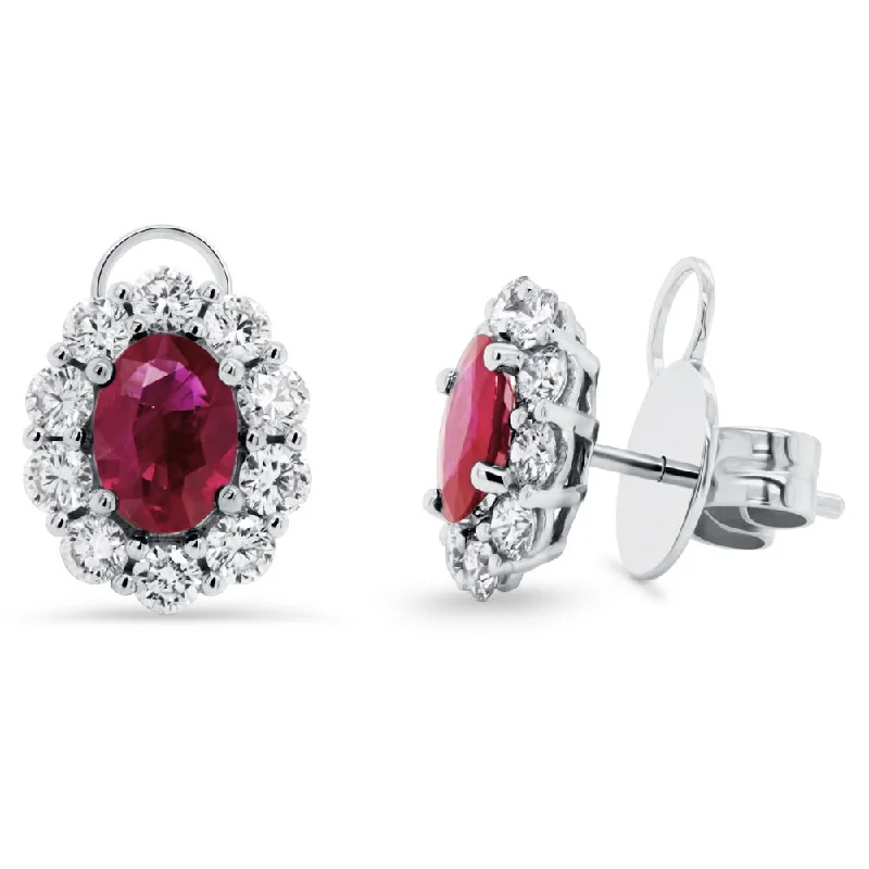 Fashion Forward Earrings for Teen Girls-Uneek Precious Collection Halo Oval Shaped Ruby Stud Earrings