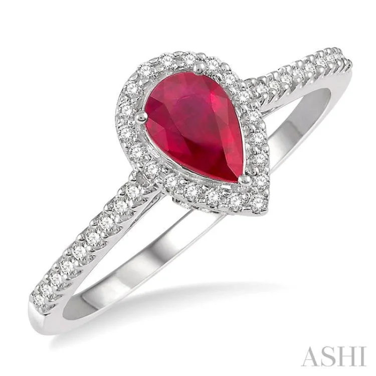 Vintage Wedding Band for Fashion-1/5 Ctw Pear Shape 6x4mm Ruby & Round Cut Diamond Precious Ring in 10K White Gold