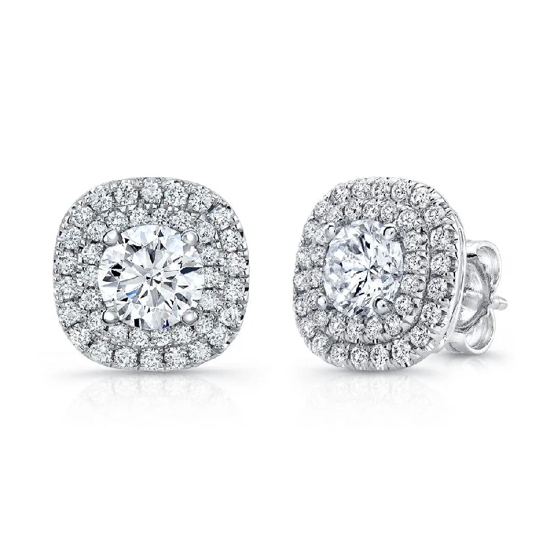 Beautiful Earrings for Evening Parties-Uneek Round Diamond Stud Earrings with Dreamy Cushion-Shaped Double Halos