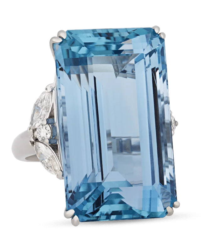 Colored Gemstone Ring for Fashion-Emerald-Cut Aquamarine Ring, 43.37 Carats