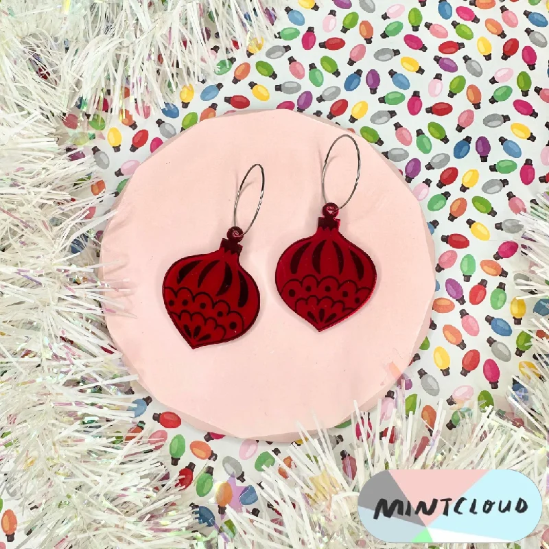 Cute Earrings for Everyday Wear-Mintcloud Christmas Earrings - Traditional Bauble Red Mirror