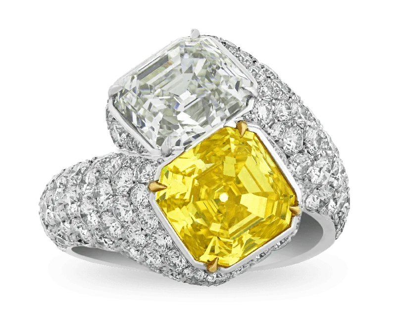 Luxury Ring for Elegant Fashion-Fancy Vivid Yellow and White Diamond Bypass Ring