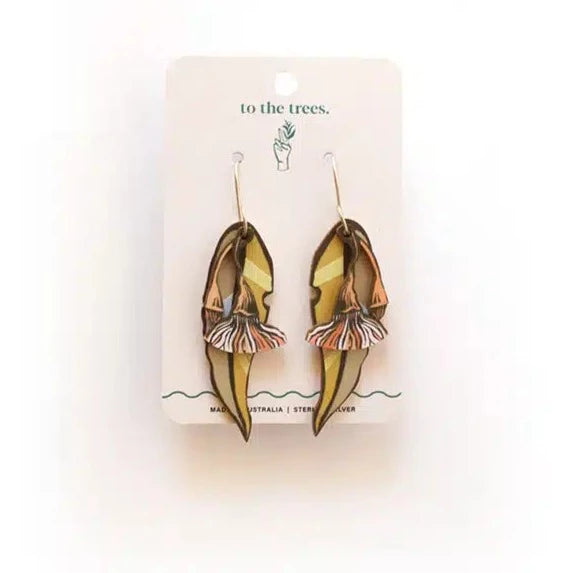 Golden Earrings for Night Events-To the Trees Dangles - Gum Leaf & Blossom