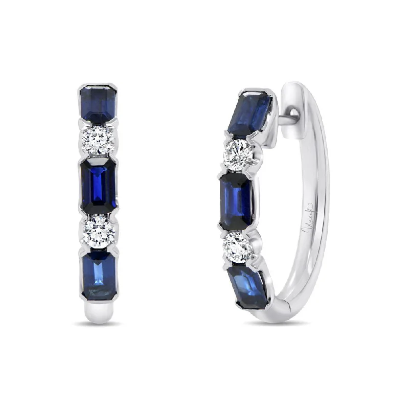 Elegant Earrings for Bridal Shower-Uneek Precious Collection Emerald Cut Blue Sapphire Huggie Earrings