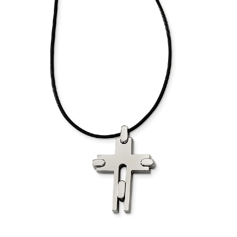 Classic Necklace for Women-Titanium Cross and Black Leather Cord Necklace 18 Inch