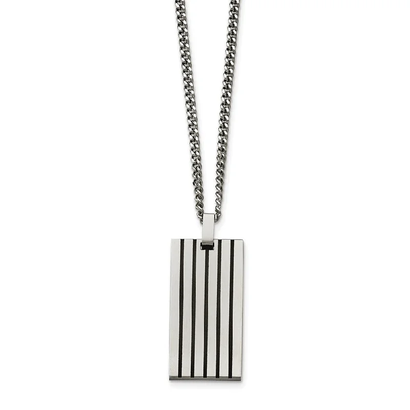 Unique Handmade Necklace-Black Rubber Striped Brushed Stainless Steel Dog Tag Necklace, 22 Inch