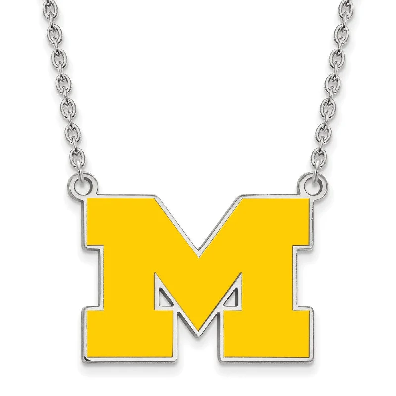 Custom Necklace for Special Celebrations-Sterling Silver U of Michigan Large Yellow Enameled 'M' Necklace