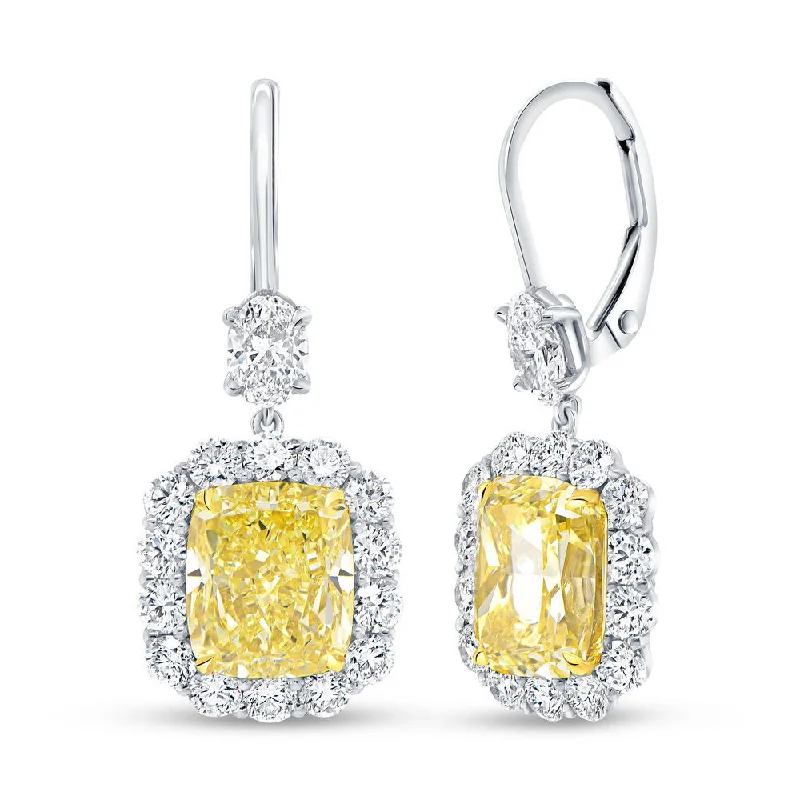 Modern Earrings for Women-Uneek Natureal Collection Halo Cushion Cut Fancy Yellow Diamond Dangle Earrings