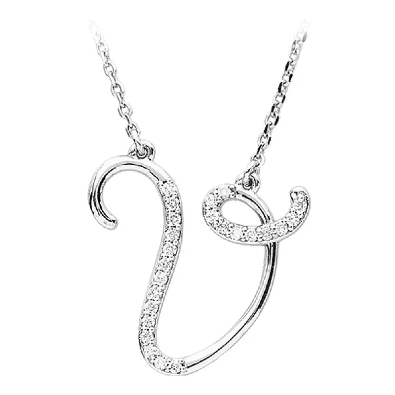 Fine Gold Necklace for Luxury Look-1/8 Ctw Diamond 14k White Gold Medium Script Initial V Necklace, 17in