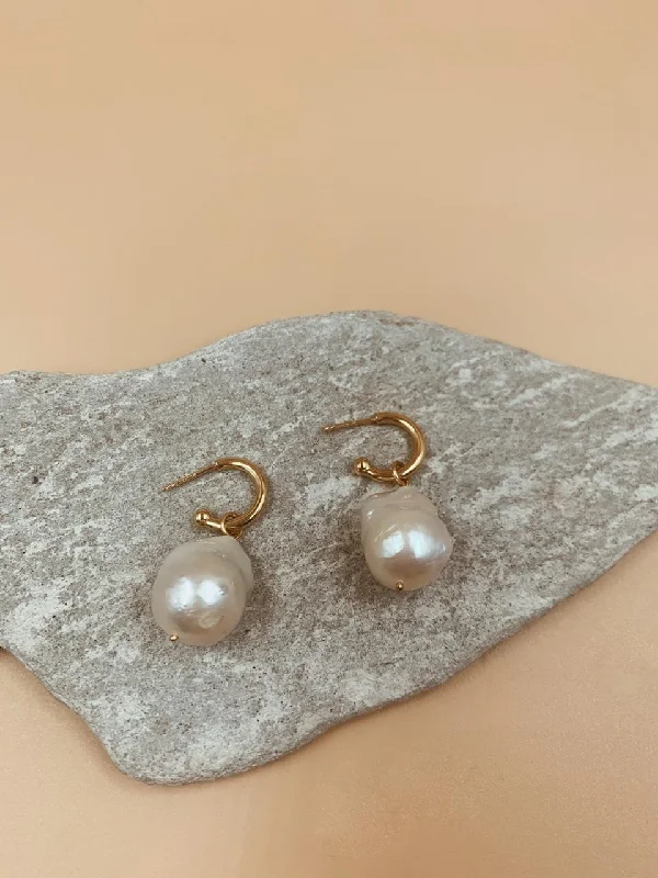 Handmade Earrings for Gifts-Miramar Medium Baroque Pearl Huggie Hoops | 18kt Solid Gold