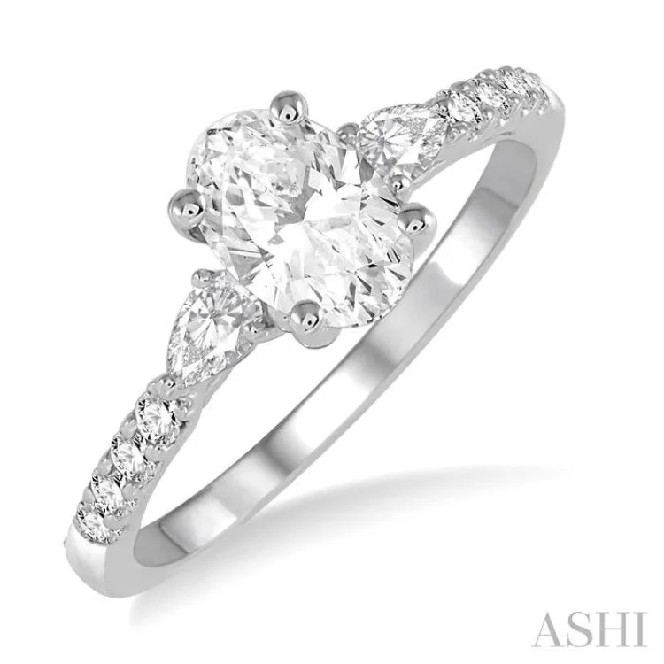 Customizable Promise Ring-7/8 ctw Pear & Round Cut Diamond Engagement Ring With 1/2 ct Oval Cut Center Stone in 14K White Gold