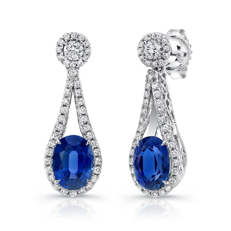 Minimalist Gold Earrings-Uneek Oval Blue Sapphire Earrings with Teardrop-Shaped Diamond-and-Filigree Frames