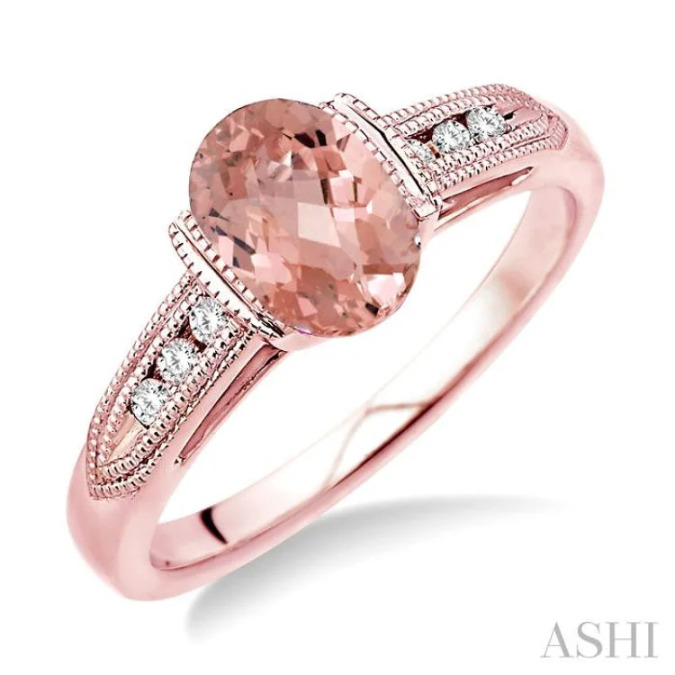 Wedding Ring Set with Matching Bands-8x6 MM Oval Shape Morganite and 1/10 Ctw Diamond Ring in 14K Rose Gold