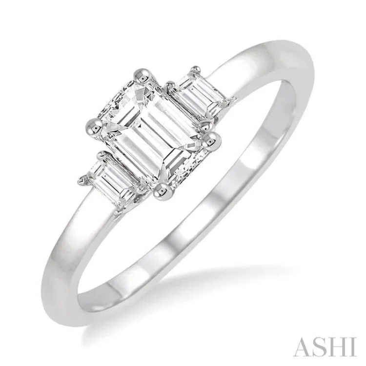 Luxury Gold Ring for Anniversary-5/8 Ctw Emerald and Baguette Diamond Engagement Ring with 1/2 Ct Emerald cut Center Stone in 14K White Gold