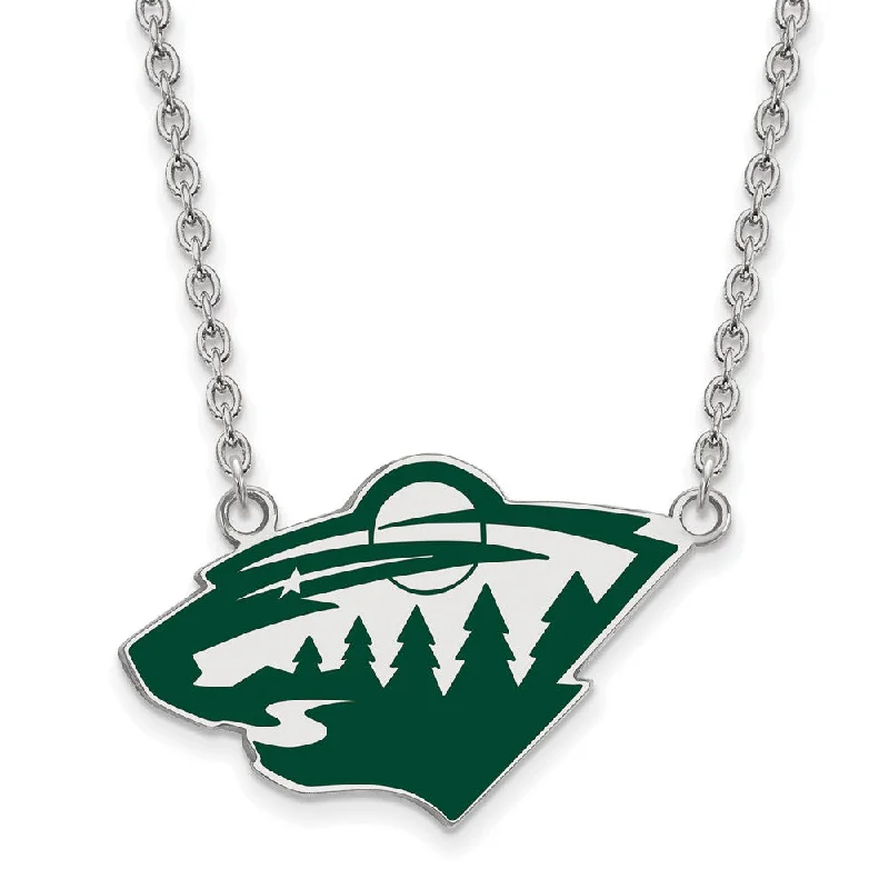 Gold Pendant Necklace for Stylish Women-Sterling Silver NHL Minnesota Wild Large Enamel Necklace, 18 In