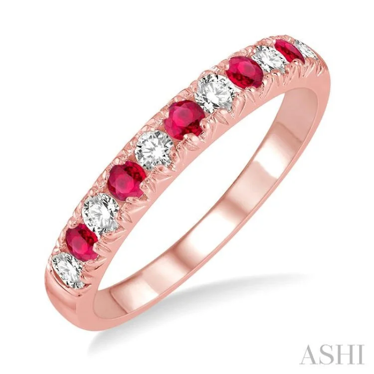 Rose Gold Engagement Ring with Diamonds-1/4 ctw Round Cut Diamond and 2.3MM Ruby Precious Wedding Band in 14K rose Gold