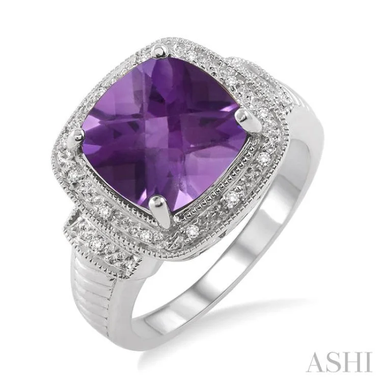 Luxury Wedding Ring for Anniversary-10x10 mm Cushion Cut Amethyst and 1/20 ctw Single Cut Diamond Ring in Sterling Silver