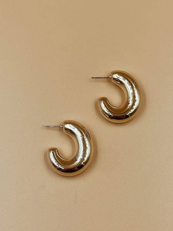 Sterling Silver Hoop Earrings-Featherlight Puffy Hoops in Gold Tone