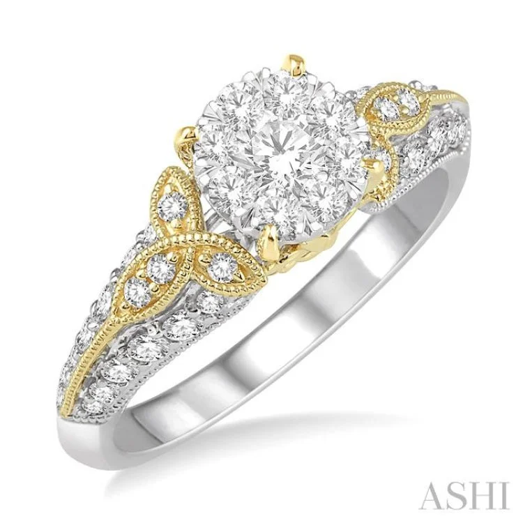 Adjustable Ring for Casual Style-3/4 Ctw Round Diamond Lovebright Vintage Inspired Engagement Ring in 14K White and Yellow Gold