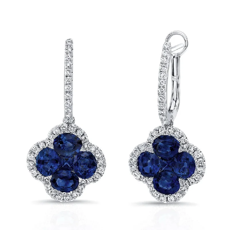 Diamond Drop Earrings-Uneek Precious Collection Floral Oval Shaped Blue Sapphire Dangle Earrings