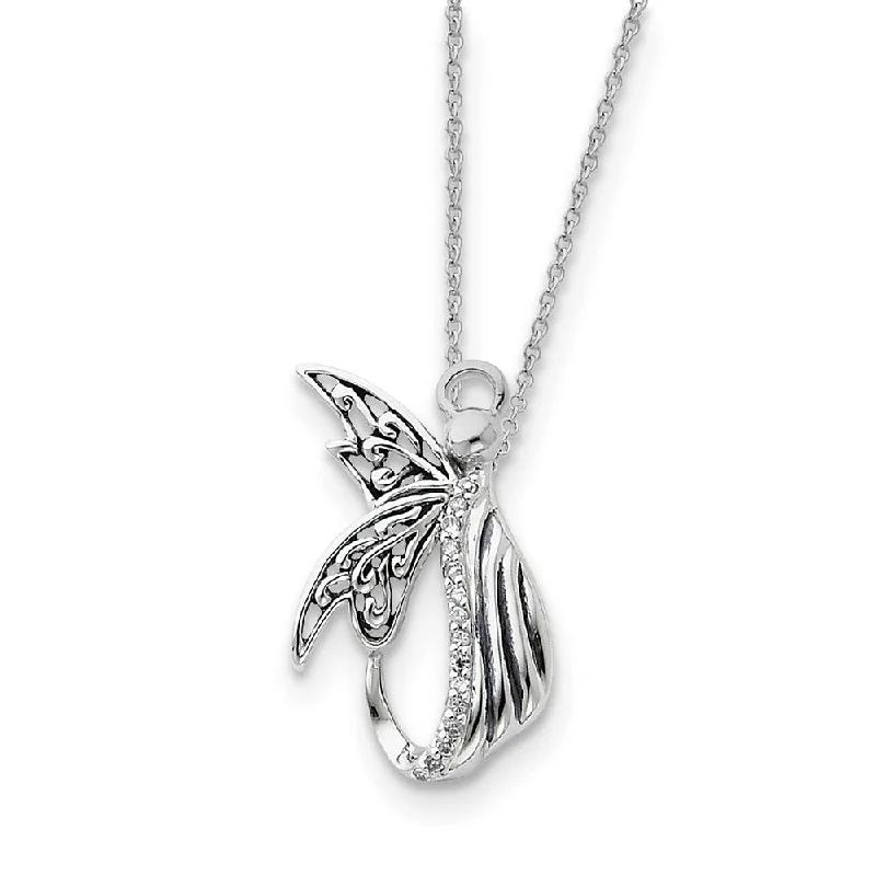 Handcrafted Pendant Necklace for Gifts-Rhodium Plated Sterling Silver & CZ Angel of Perseverance Necklace