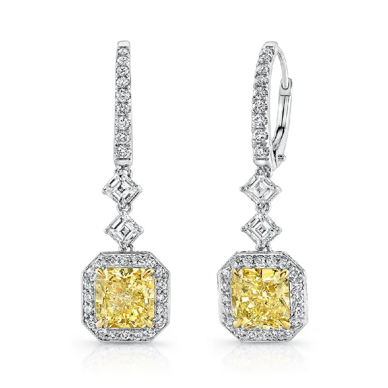 Elegant Pearl Earrings for Wedding-Uneek Radiant-Cut Fancy Light Yellow Dangle Earrings with Tilted Asscher-Cut Accent White Diamonds